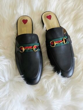 DHGate Leather Slip-On Mules w/Green/Red Web & Gold Horsebit Size 40(US 9.5-10)